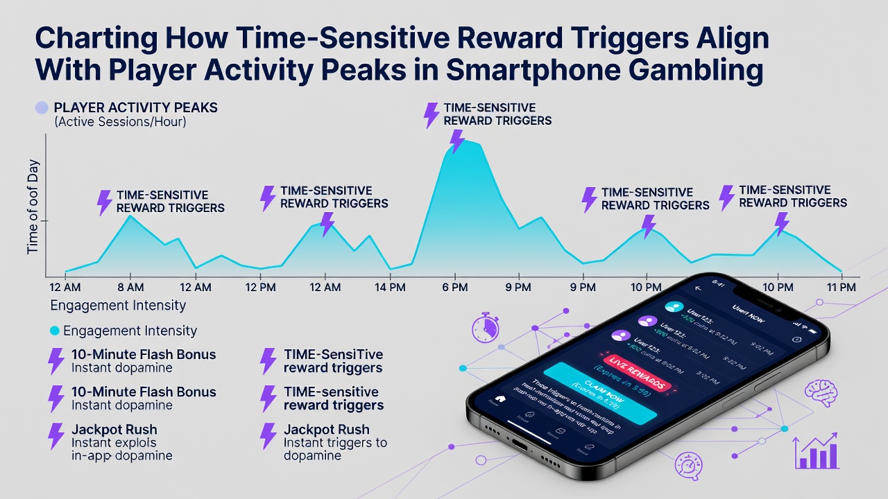 Smartphone screen displaying aligned reward notifications during peak activity hours in a gambling app