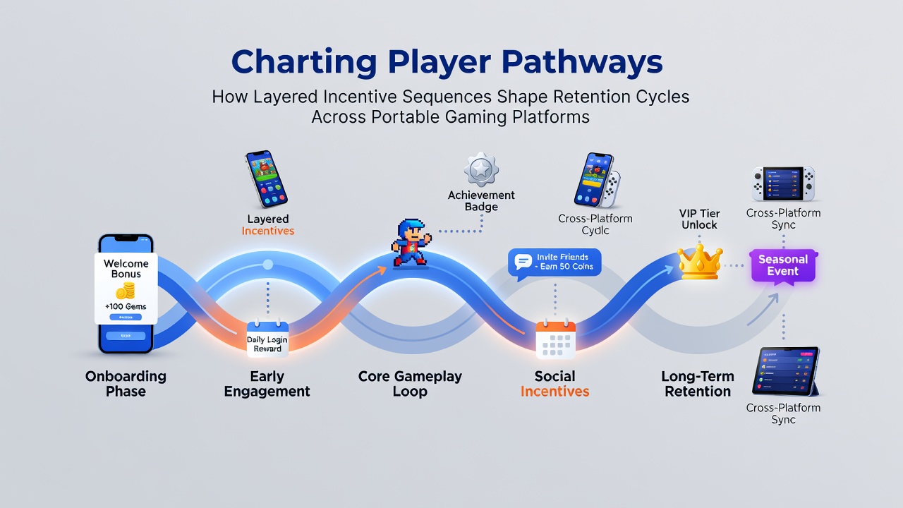 Visual representation of player progression pathways across mobile gaming interfaces showing layered reward tiers and retention metrics