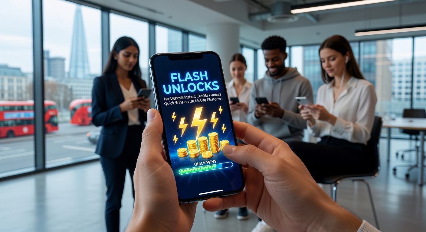 Vibrant mobile screen displaying instant credit pop-up on a UK casino app, with slot reels spinning in the background