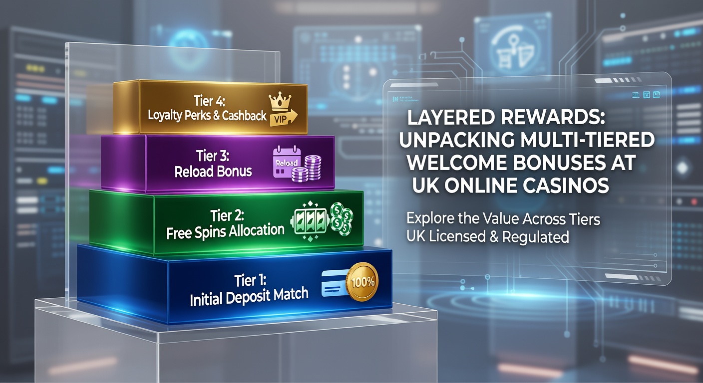 Visual breakdown of a multi-tiered casino welcome bonus structure showing deposit matches, free spins, and escalating rewards across three levels