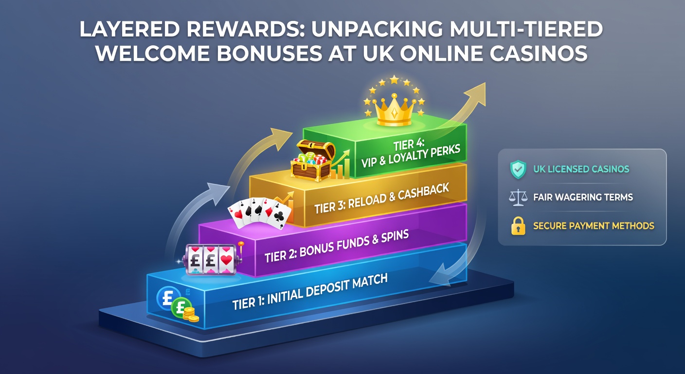 Infographic illustrating player progression through casino bonus tiers, with icons for deposits, spins, and wagering milestones