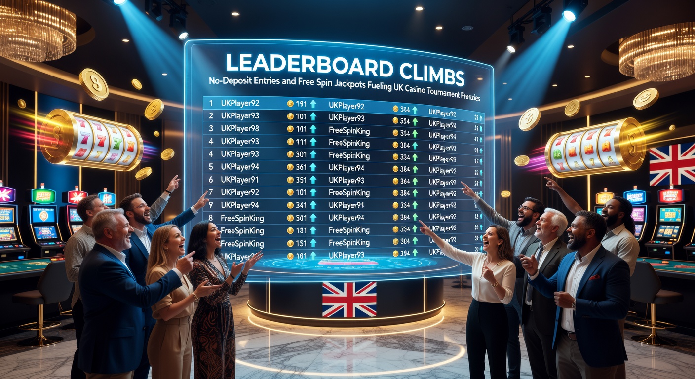 Dynamic leaderboard display showing top players racing for free spin jackpots in a bustling UK casino tournament