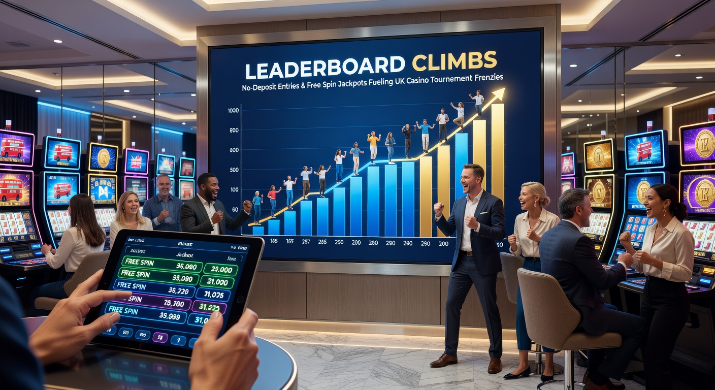 Excited players celebrating a massive free spin jackpot win on a vibrant UK casino tournament leaderboard