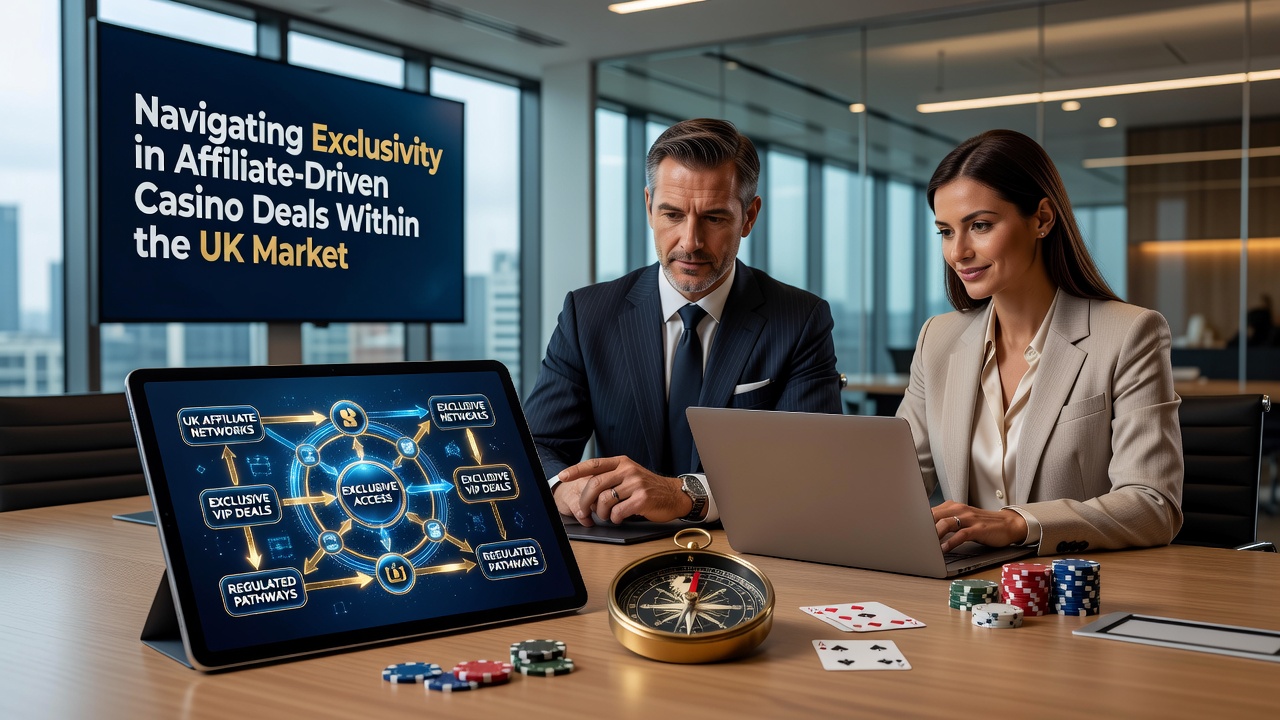 Affiliate marketing professionals reviewing casino partnership agreements on multiple screens in a modern UK office setting