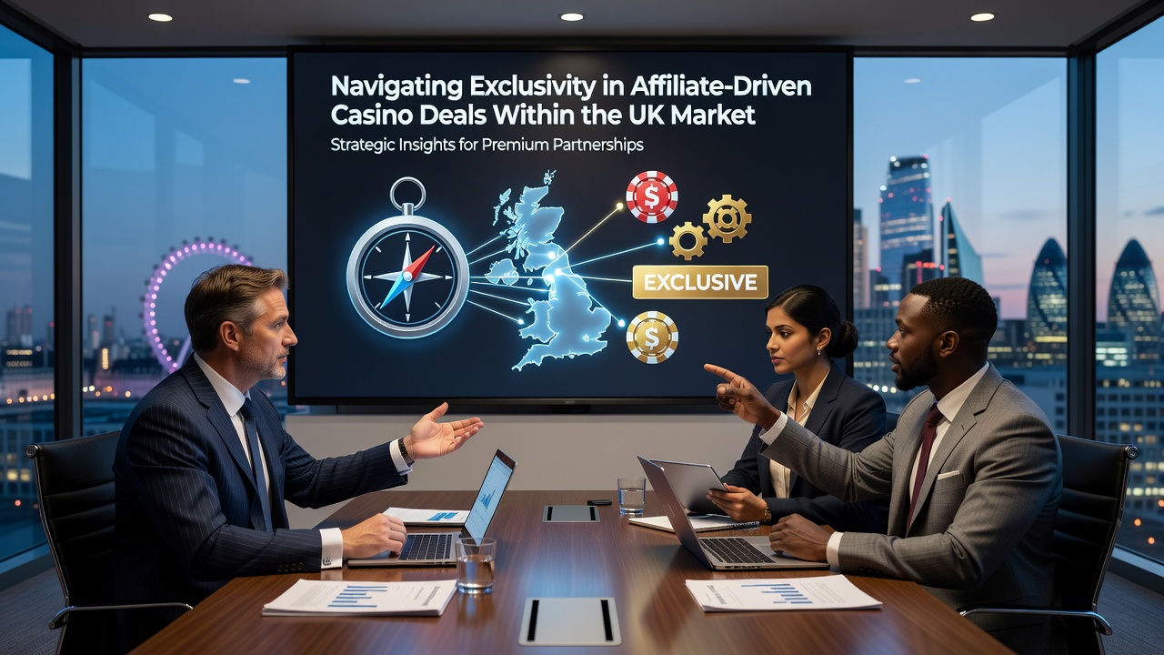 Close-up view of casino bonus terms and conditions documents spread across a desk with a laptop displaying affiliate dashboard analytics