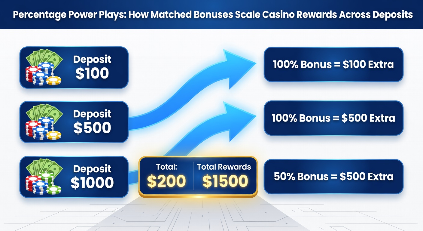 Infographic breaking down a multi-deposit matched bonus ladder, showing percentage drops and cumulative rewards