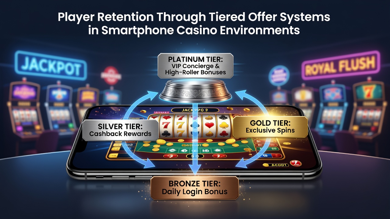Smartphone screen displaying tiered loyalty levels and reward progression in a casino app interface