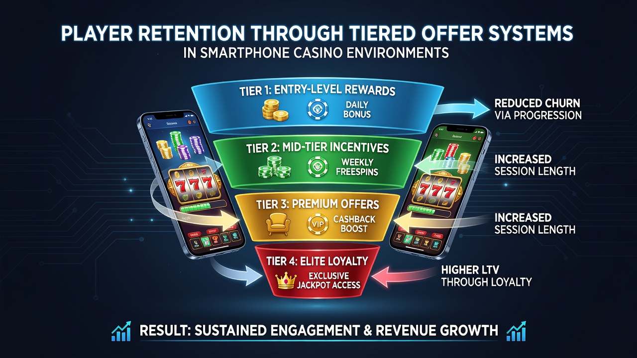 Analytics dashboard showing player tier distribution and retention trends on a mobile casino platform