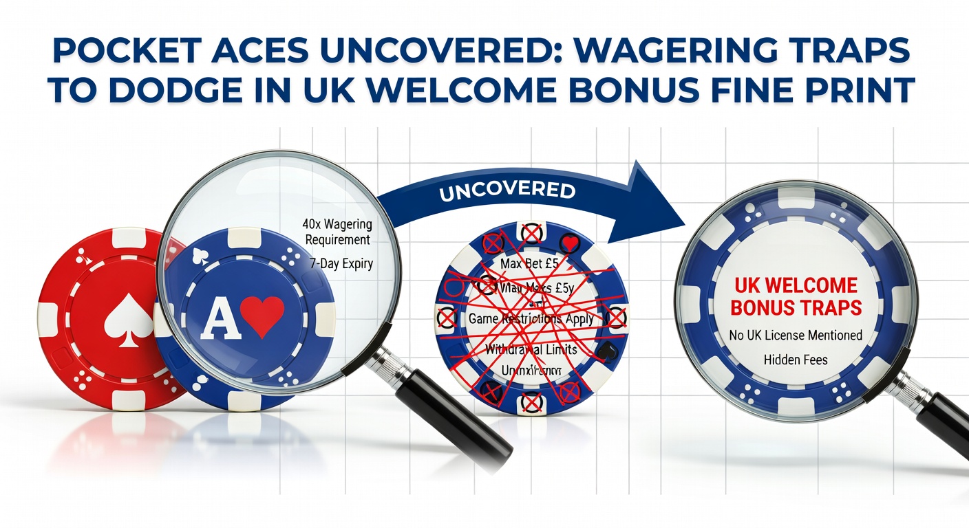 Magnifying glass over casino bonus terms highlighting wagering traps and fine print warnings