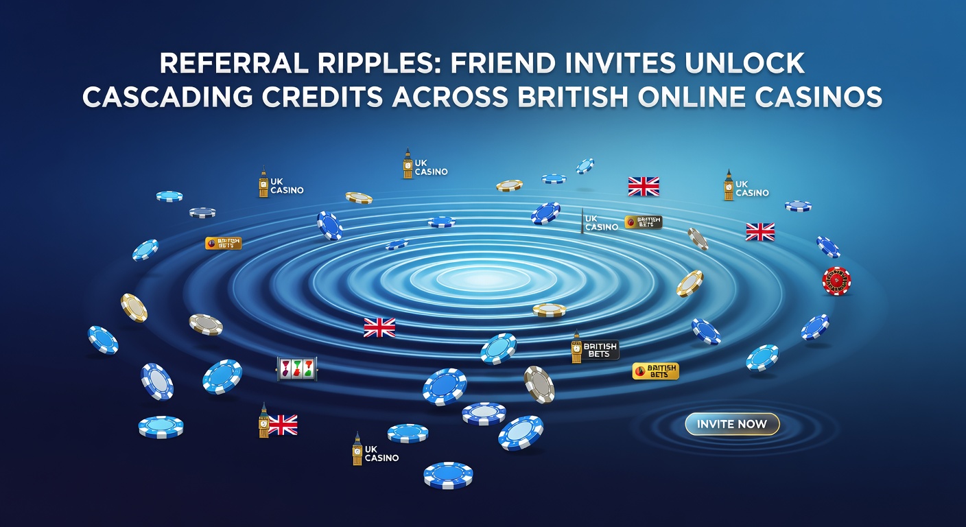 Graphic illustrating a network of friends connected by referral links, with bonus credits flowing outward like ripples in water across a British online casino interface
