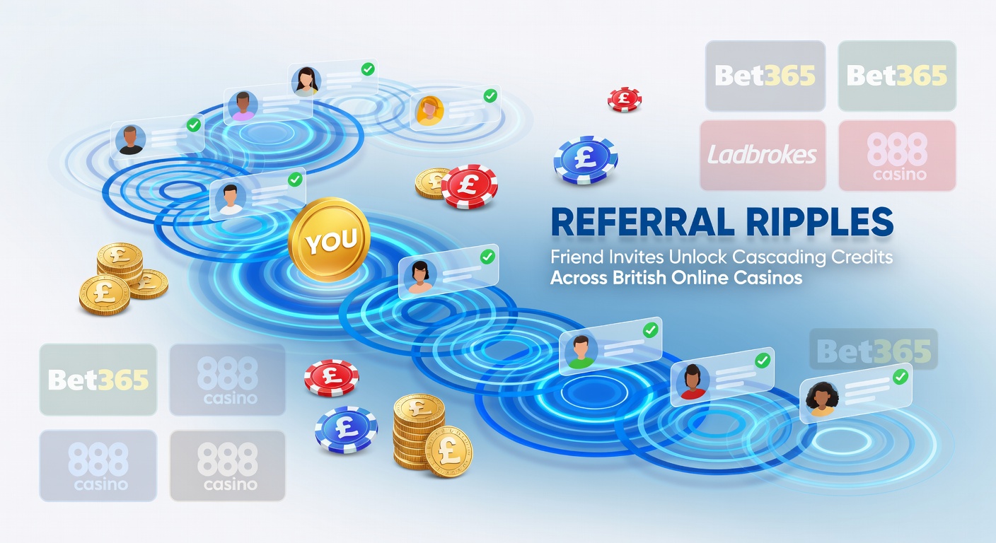 Screenshot of a mobile casino app showing a referral dashboard with active chains of friend invites, bonus trackers, and cascading credit notifications popping up in real-time
