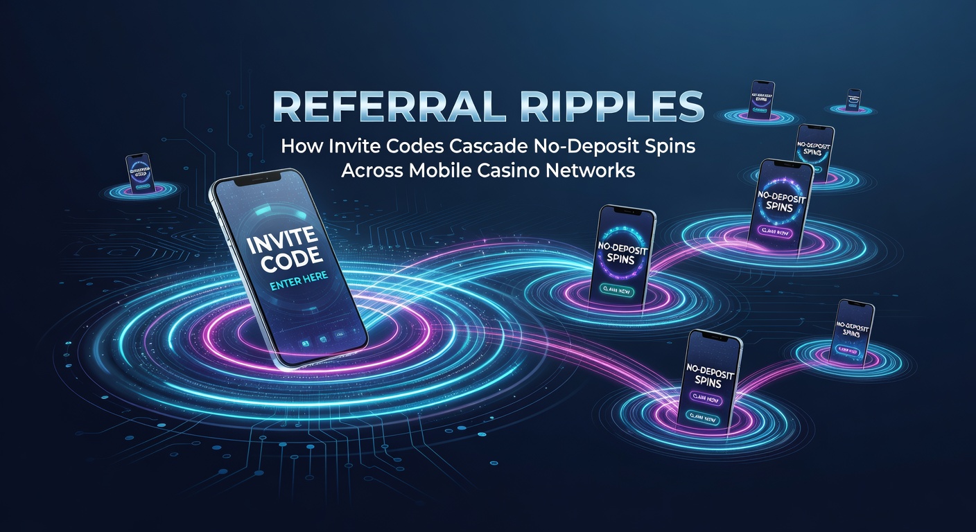 Illustration of interconnected mobile phones displaying casino apps with spinning reels and referral codes linking players in a cascading network