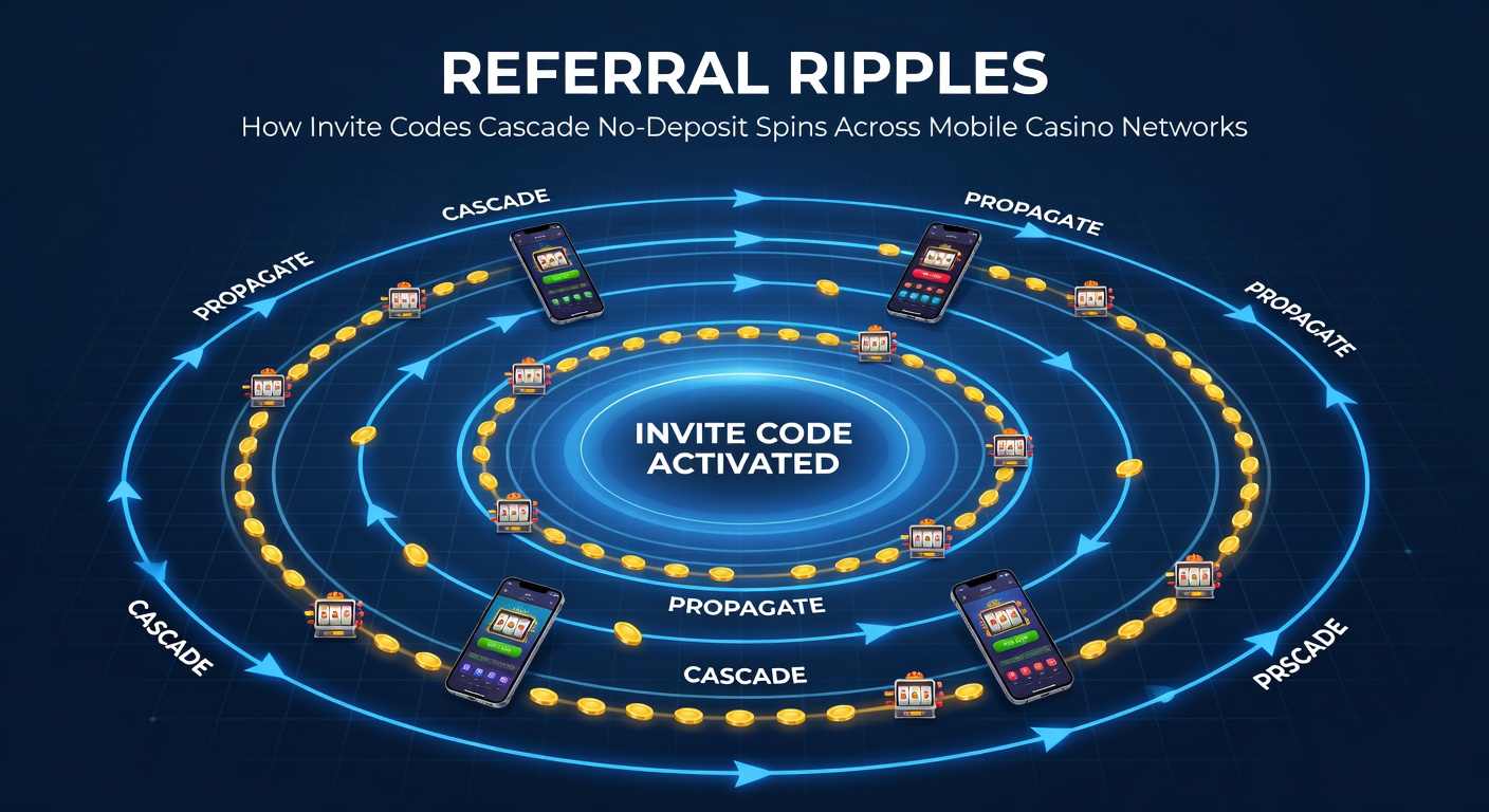 Network diagram showing referral chains branching out from a central player, with icons of free spins propagating through connected devices