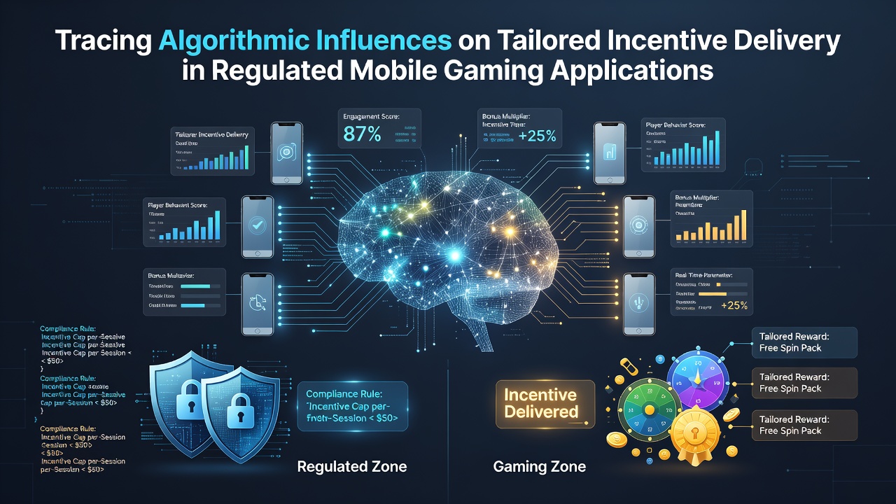 Visualization of algorithmic data flows connecting user profiles to personalized reward structures in mobile gaming environments