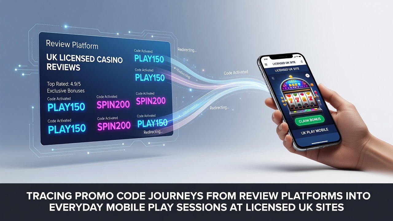 Diagram showing promo codes originating from review platforms and flowing into mobile casino interfaces