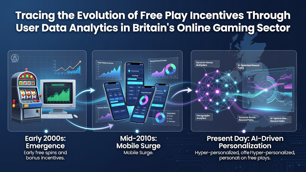 Visual representation of data analytics dashboards tracking player engagement with free play incentives in online casinos