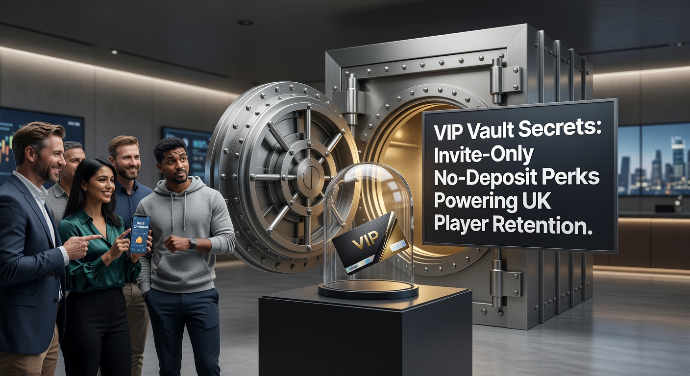 A sleek digital vault door cracking open to reveal glowing bonus chips and loyalty badges, symbolizing exclusive VIP perks in online casinos